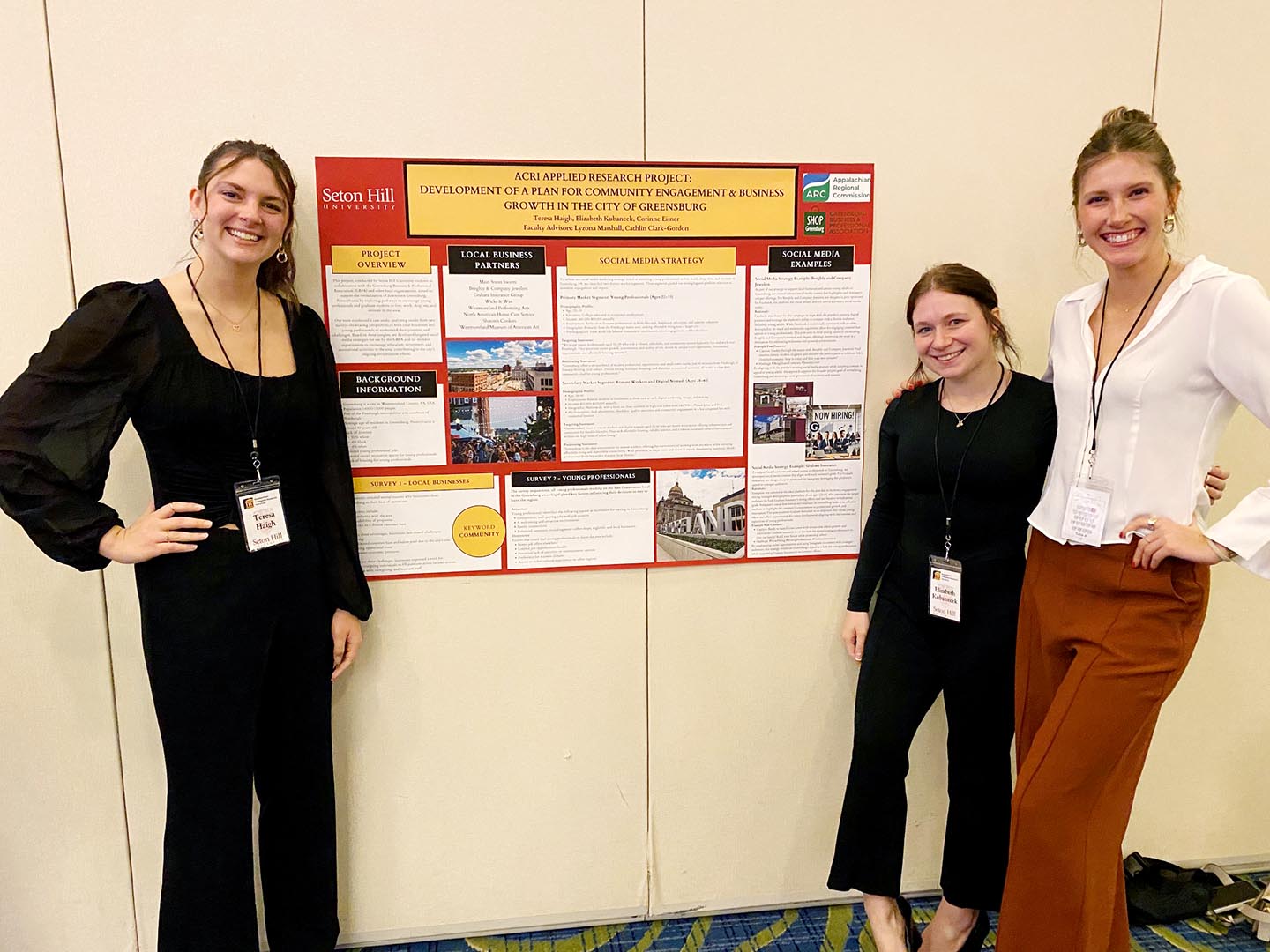 business and communication students with their poster presentation