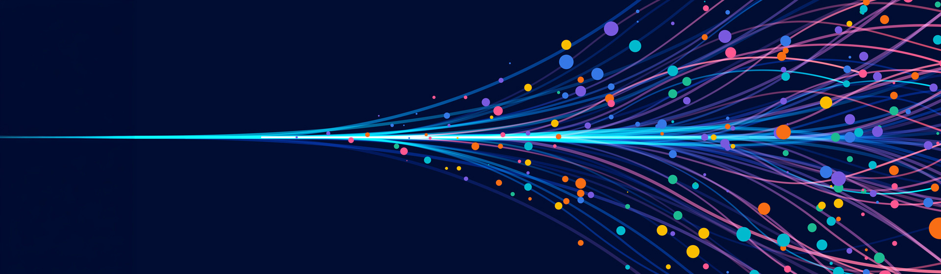 Abstract graphic representation of artificial intelligence that shows many lines and circles expanding out from a single point.