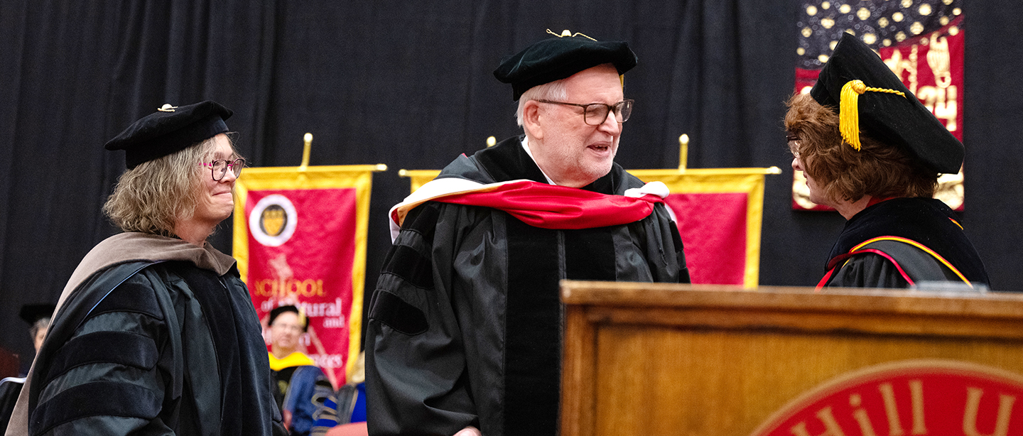 Retired Faculty Member and Organist Edgar B. Highberger Receives Honorary Doctorate at December Commencement with President Mary C. Finger and Dean of the School of Visual and Performing Arts Kellee Van Aken