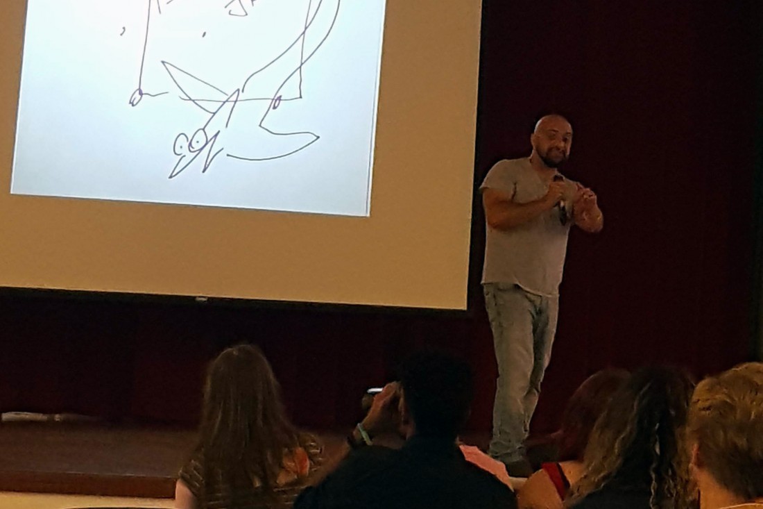 New York Times bestselling author Daniel Jose Older working with students during a residency.